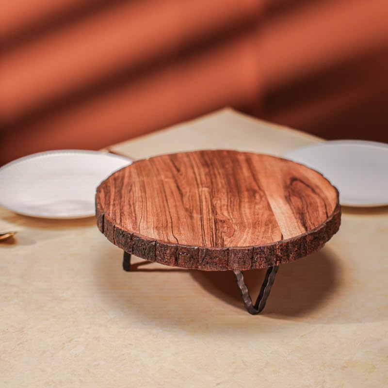 Udaipur Handicrafts | Acacia Wood Hot Pot Stand with Iron Feet | Tabletop Trivet for Hot Utensils | Kitchen & Dining Decor