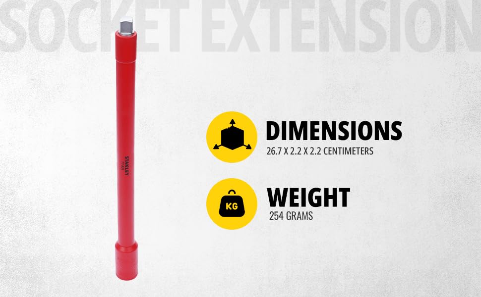 STANLEY STMT77826-23B 3/8" VDE Insulated Socket Extension Bar 250mm, Ideal For Repair Of Electric Vehicles, Red