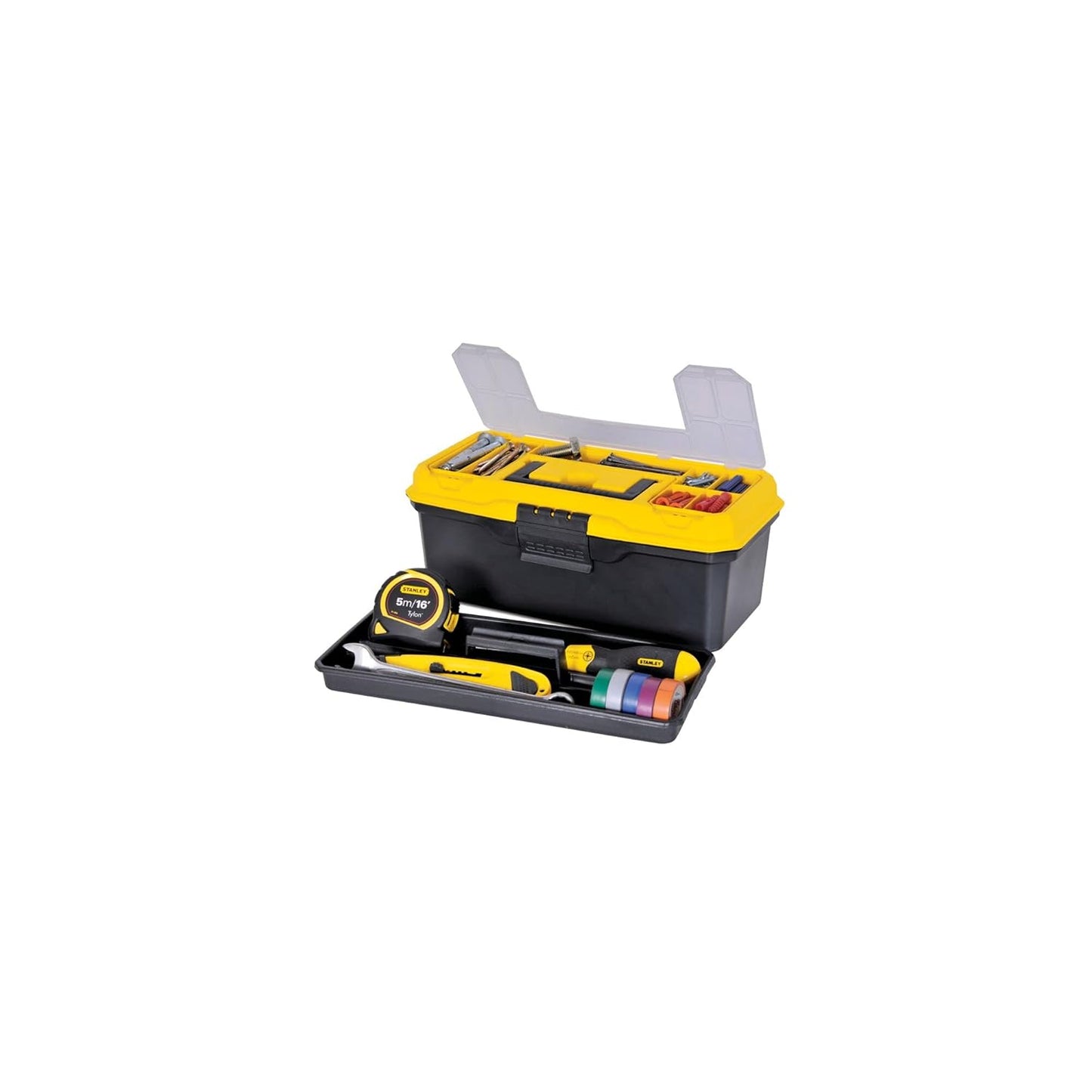 STANLEY 1-71-948 13'' Organized Maestro Heavy-Duty Portable Plastic Essential Toolbox With Clear Top Lid & Removable Tray Compartment For Easy & Convenient Storage,1 Year Warranty,YELLOW,32x13.5x15 cm