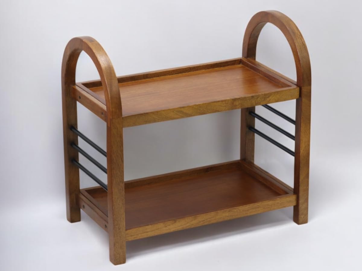 Udaipur Handicrafts Wooden Organizer Rack Stand for Kitchen, Bathroom, Countertop & Office | Mango Wood & Iron Storage Shelf with Dual Shelves for Spices, Toiletries, Books & Decor | 45.5 x 27 x 45 cm