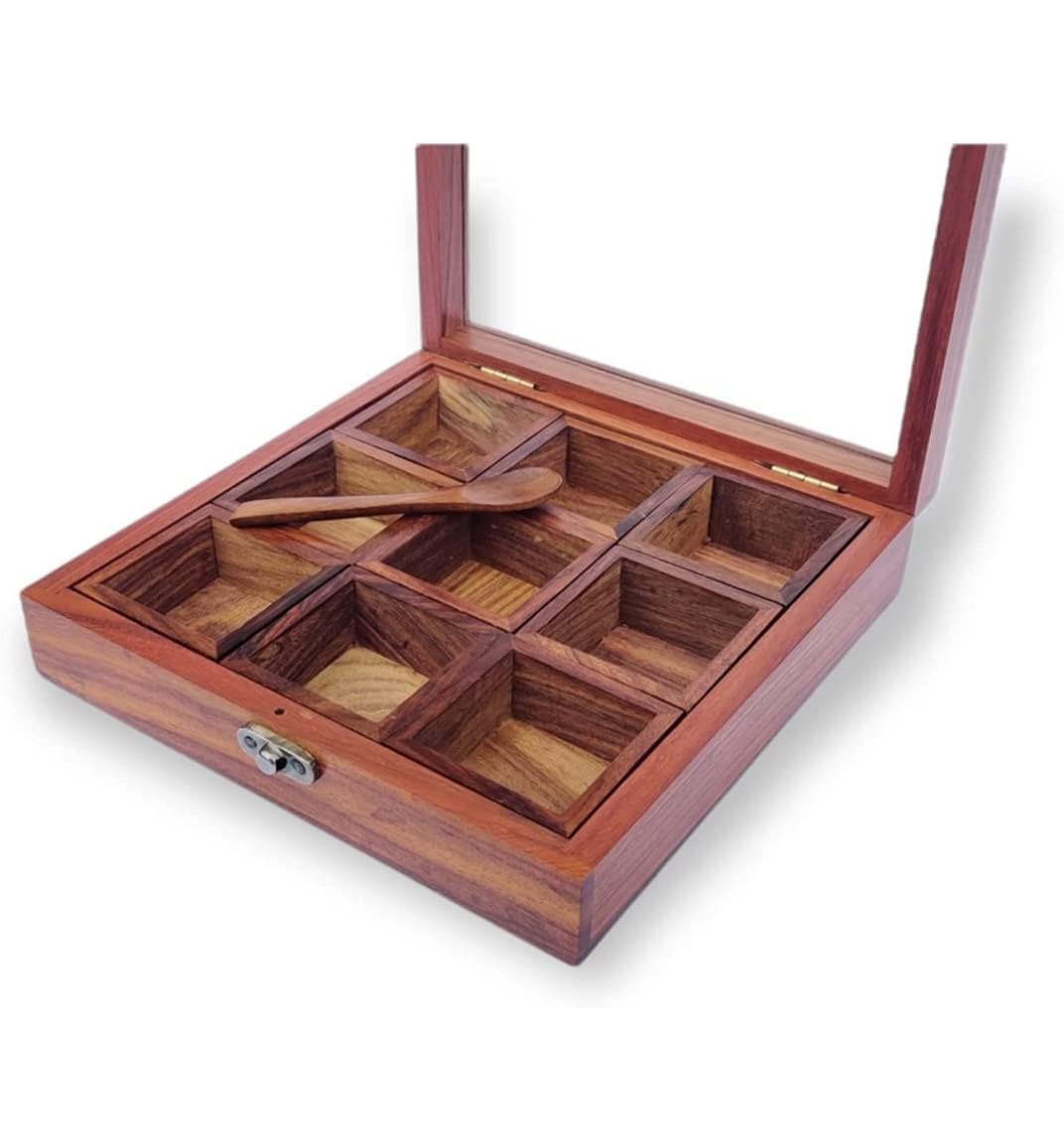 Udaipur Handicrafts Spice Box Containers & Spoon In Sheesham Wood - Wooden Spice Box Set For Kitchen Masala Spice Boxes Masala Dhaniya  Namak Dani Dabba