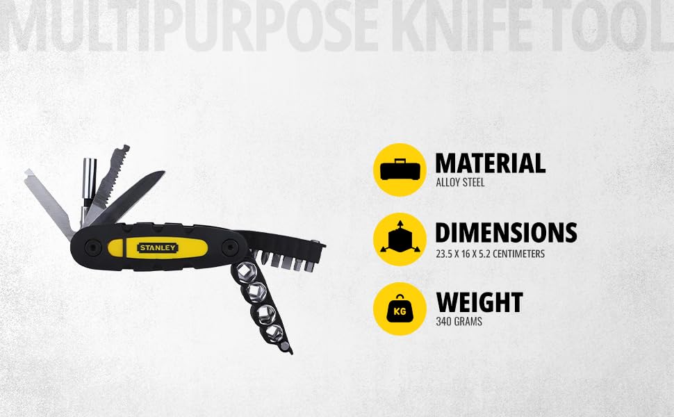 STANLEY STHT0-70695 Folding and Locking 14-in-1 Multi-Tool, Compact & Portable, KIT Contains Knife, Saw, Bottle Opener, File, Holder for Bits & Drive Adaptor for Sockets