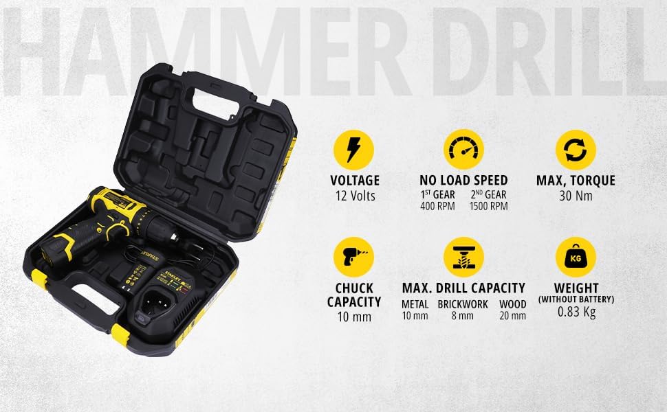 STANLEY SCH10D2K-IN(12 V)Brushed Cordless Hammer Drill Driver,2x2Ah Batteries&1.5A Charger,LED Light,Variable Speed Trigger Switch,Forward/Reverse Button,10mm Chuck,Clutch Setting 20+1,1 Year Warranty