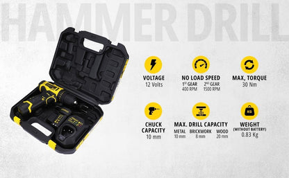 STANLEY SCH10D2K-IN(12 V)Brushed Cordless Hammer Drill Driver,2x2Ah Batteries&1.5A Charger,LED Light,Variable Speed Trigger Switch,Forward/Reverse Button,10mm Chuck,Clutch Setting 20+1,1 Year Warranty