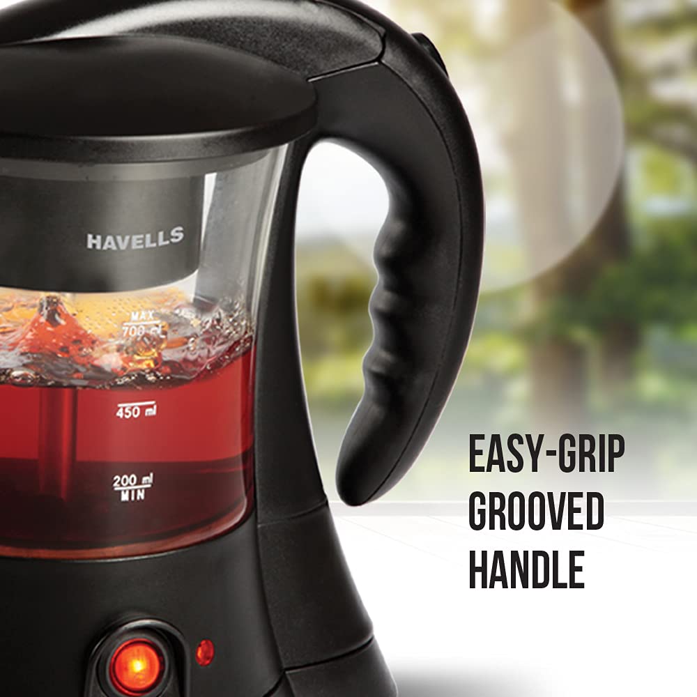 Havells Crystal Tea-Coffee Maker Glass with Filter Basket | Indicator Light | Transparent Glass Carafe 600 W