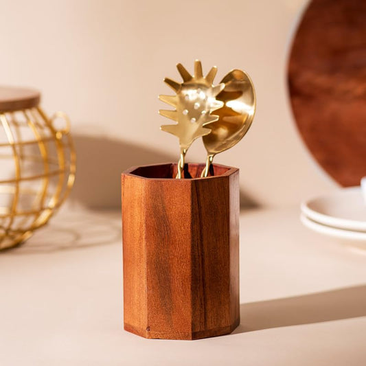 Udaipur Handicrafts  Cutlery Holder Spoon Stand For Kitchen | 6.5 Inch Brown | Cutlery Holder For Dining Table | Wooden Caddy Storage Organizer Stand Caddy Holder | Stylish & Functional Kitchen Décor