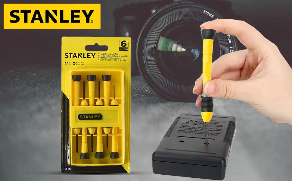 STANLEY 66-052 Precision Screwdriver Set, 6 pcs, 84 gms, Rotating Tip, Bi-Material Handle with Cushioned Grip, Used in Machines, Automobiles & Cars, LxWxH: 19.5x10x2cm, Plastic Storage Case Included