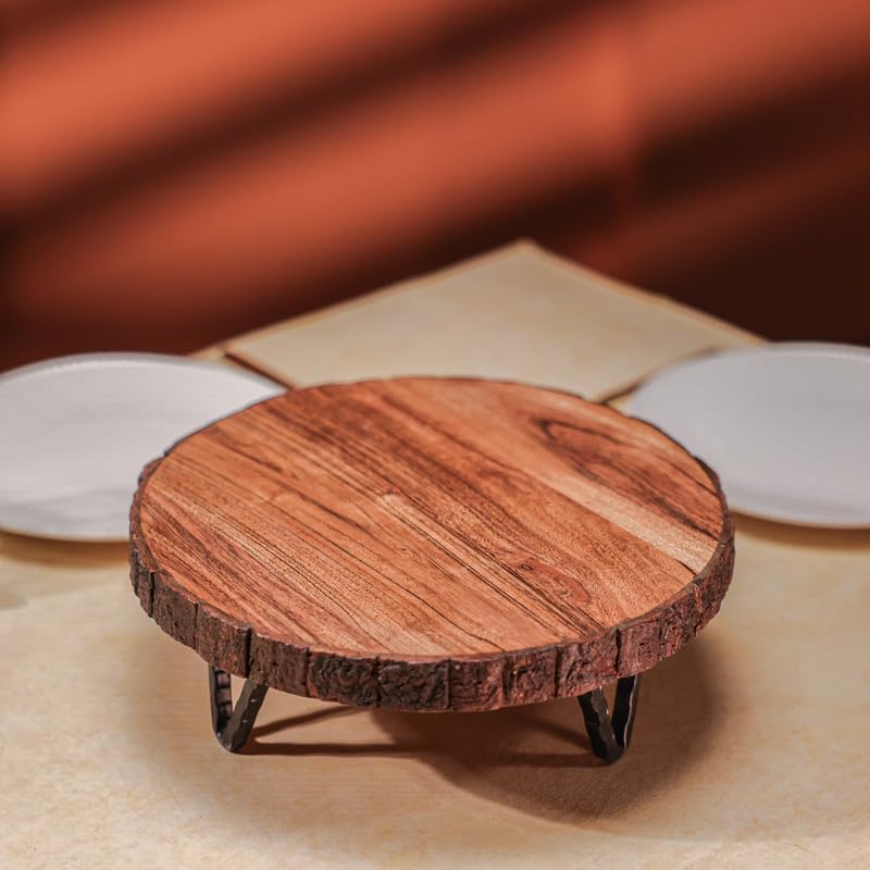 Udaipur Handicrafts | Acacia Wood Hot Pot Stand with Iron Feet | Tabletop Trivet for Hot Utensils | Kitchen & Dining Decor