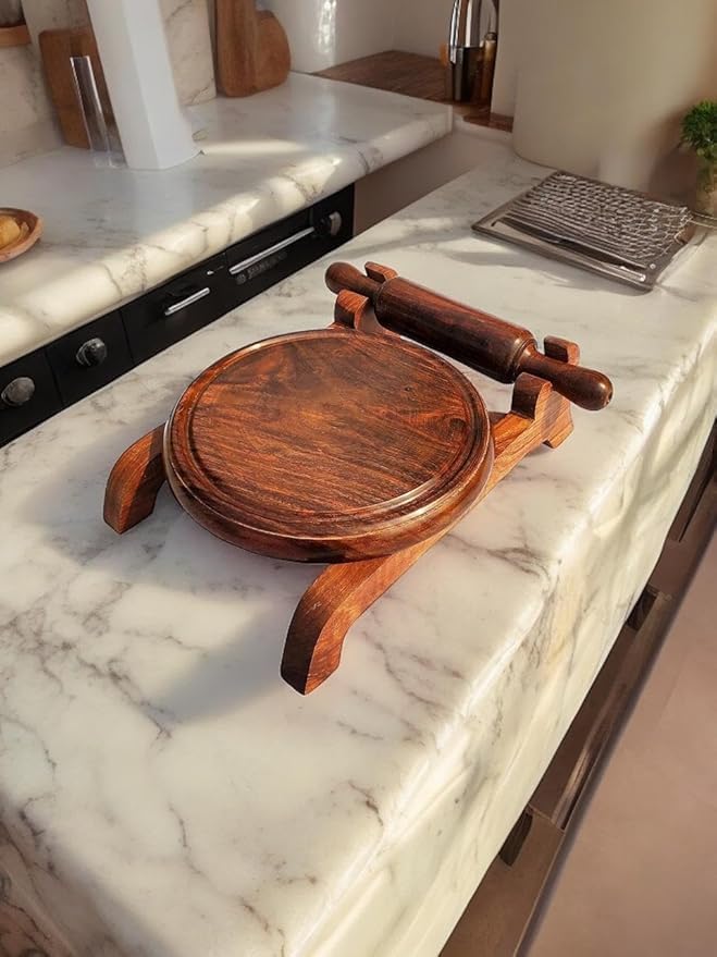 Handicrafts Premium Wooden Chakla Belan Set with Stand | Durable, Handcrafted Rolling Board and Pin for Perfect Rotis & Chapatis | Traditional Kitchen Tool Set for Easy Cooking