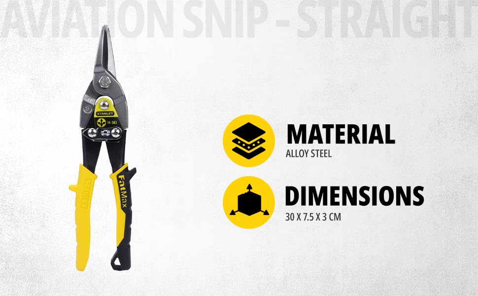 STANLEY 2-14-563 254 mm Aviation Snips Straight Cut Bi-Metal Ideal for Home, DIY & Industrial Use, 1 Year Warranty, YELLOW & BLACK0