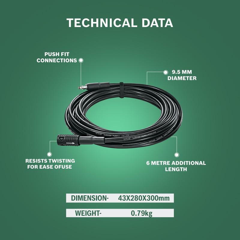 BOSCH High- Pressure Extension Hose Pipe 6m, 9.5 mm Diameter, Extension Hose Pipe, Accessory for Aquatak Pressure washers, Max Pressure 140 Bar, Push-fit Connections, Easy Attachment, 0.79kg