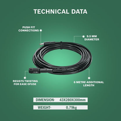 BOSCH High- Pressure Extension Hose Pipe 6m, 9.5 mm Diameter, Extension Hose Pipe, Accessory for Aquatak Pressure washers, Max Pressure 140 Bar, Push-fit Connections, Easy Attachment, 0.79kg