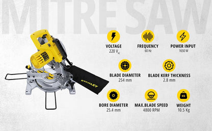 STANLEY SM16-IN 1650W 10" Compound Mitre Saw, 4800 RPM, Compact Size and Lightweight 254mm Blade Diameter+ 1 Year Warranty, (Yellow and Black)