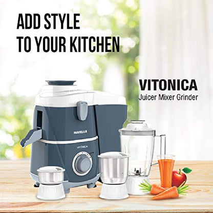 Havells Vitonica 500Watts Juicer Mixer Grinder with 3 Bigger Size Jars | Rust Resistant 304SS Sieve | Large Size Pulp Container | 1.75 Ltr Break Resistant Jar | 5 Yr Motor Manufacturer Warranty (Blue)
