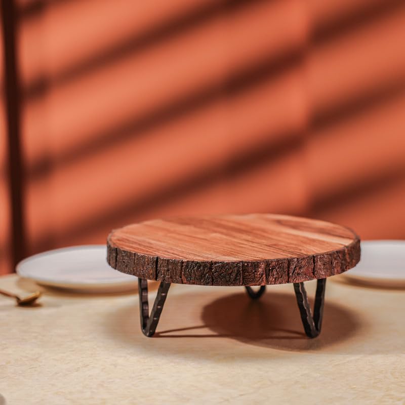 Udaipur Handicrafts | Acacia Wood Hot Pot Stand with Iron Feet | Tabletop Trivet for Hot Utensils | Kitchen & Dining Decor