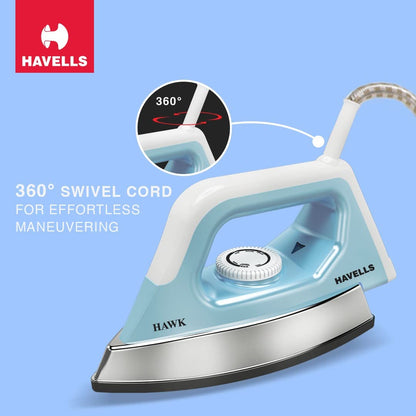 Havells Hawk 1100 watt Heavy Weight Dry Iron With American Heritage Non Stick Sole Plate, Aerodynamic Design, Easy Grip Temperature Knob & 2 years Warranty. (Blue & White)