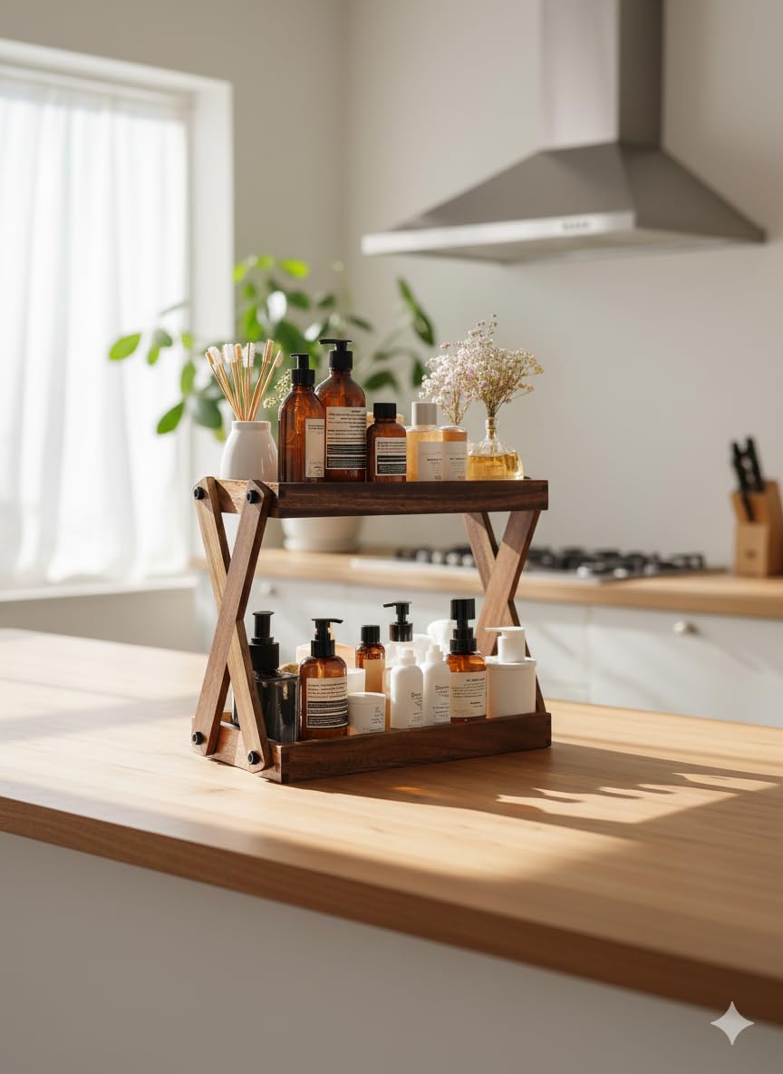 Udaipur Handicrafts Wooden Kitchen Rack Organizer 2 Tier Shelf | Multipurpose Solid Teak Wood Storage Organizer | Grocery Spice Rack | Sugar Containers, Jars, Bottels Holder for Kitchen (Caddy)