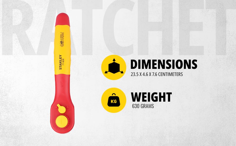 Stanley STMT77828-23B 1/2" VDE Insulated Ratchet 250mm, Ideal For Repair Of Electric Vehicles, Red and Yellow