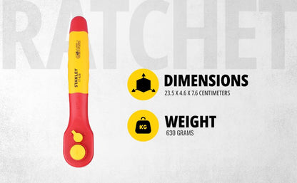 Stanley STMT77828-23B 1/2" VDE Insulated Ratchet 250mm, Ideal For Repair Of Electric Vehicles, Red and Yellow
