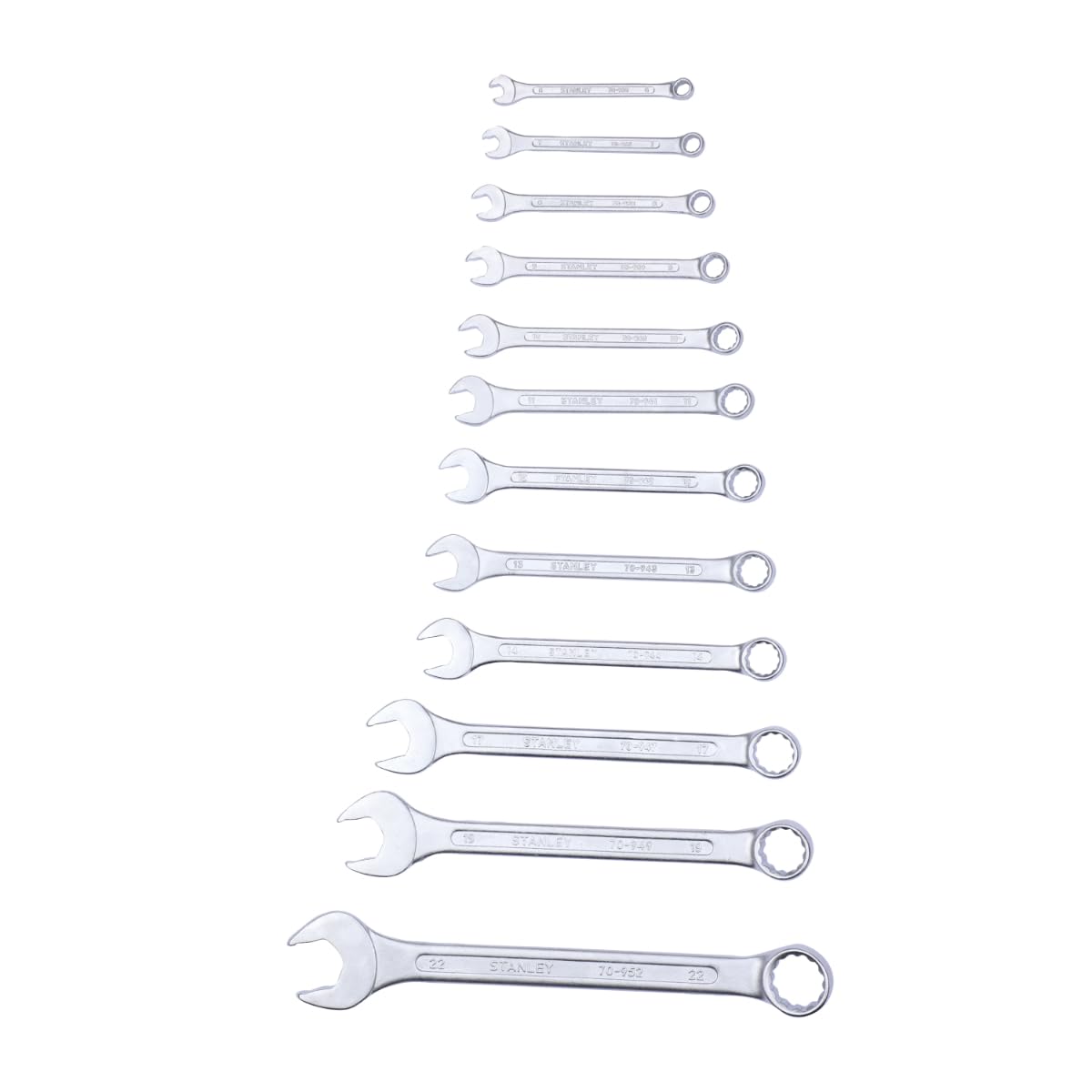 STANLEY 70-964E 12-Piece Combination Spanner Set With Maxi-Drive System, 6mm to 22mm, Chrome-Vanadium Steel, Anti-Slip Design on Open End, Anti-Rust, Matt Finish, Silver