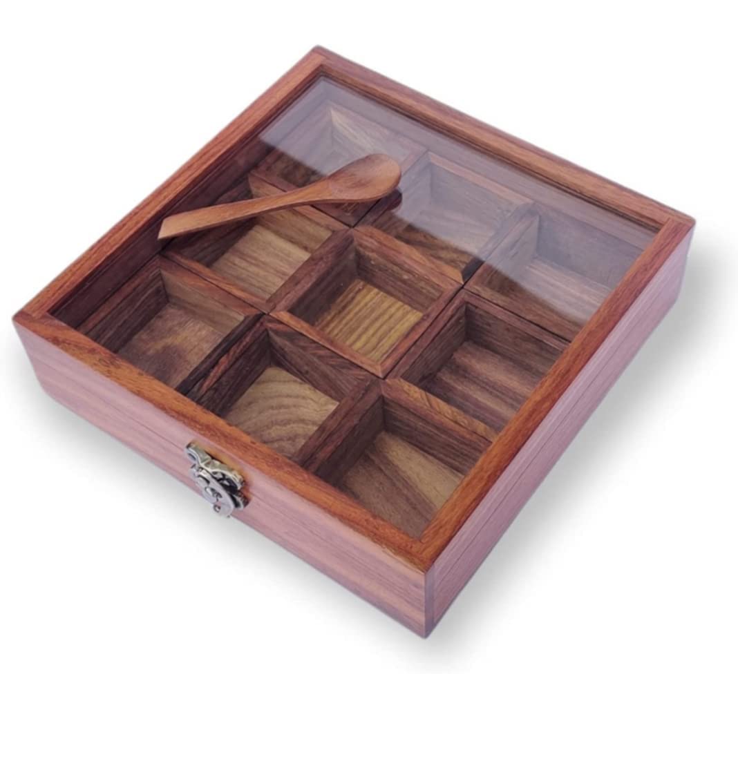 Udaipur Handicrafts Spice Box Containers & Spoon In Sheesham Wood - Wooden Spice Box Set For Kitchen Masala Spice Boxes Masala Dhaniya  Namak Dani Dabba