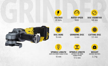 STANLEY FATMAX SCG400-B1 20V 2.0Ah 100mm Cordless Brushed Grinder for Mechanic, Tradesmen & Professional Use, Batteries Not Included, 2 Year Warranty, YELLOW & BLACK