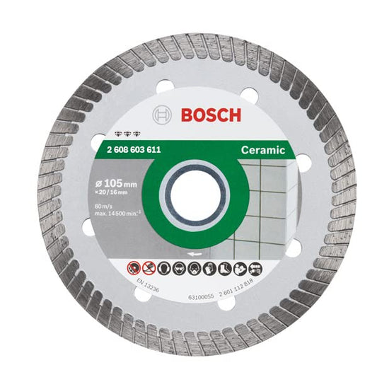 Bosch Professional Turbo Tile Cutting Disc 16/20 Mm Bore, 4" / 105 Mm & Segment Height 10mm, Pack of 1