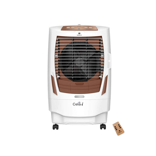 Havells Celia-I 55L Desert Air Cooler for home | Electronic Panel with Remote | Powerful Air Delivery | Everlast Pump | High Density Honeycomb Pads | Heavy Duty (White/Brown)