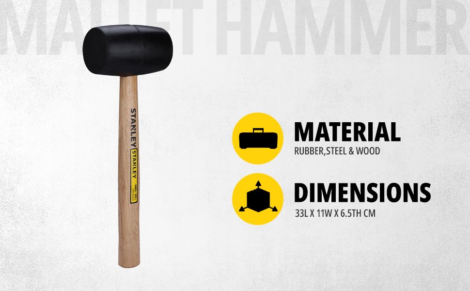STANLEY STHT57528-8 Rubber Mallet Hammer for Masonry, Woodwork, Fittings for Home, DIY, Mechanic, Industrial & Professional Use, 680 gm, Used to Drive Nails, Fit Parts & Break Objects, YELLOW & BLACK