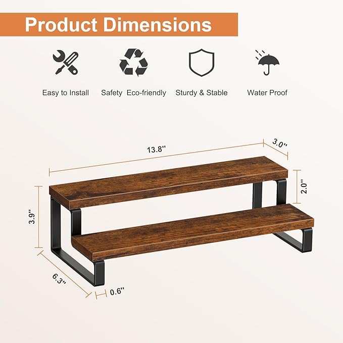 Udaipur Handicrafts Wooden Display Riser Shelf, Kitchen Counter Shelf Spice Rack Organizer, Tiered Countertop Display Shelf for Perfume, Makeup, Condiment(Brown Color) (2-Tier)