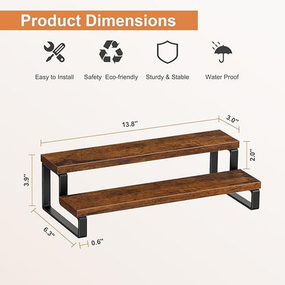 Udaipur Handicrafts Wooden Display Riser Shelf, Kitchen Counter Shelf Spice Rack Organizer, Tiered Countertop Display Shelf for Perfume, Makeup, Condiment(Brown Color) (2-Tier)