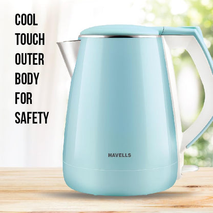 Havells Aqua Plus Electric Kettle 1.2 Litre, 1250 Watt | 304 Stainless Steel Inner Body | Cool Touch Body | Auto Shut-Off |Wider Mouth|2 Years Door Step Warranty by Havells (Blue)