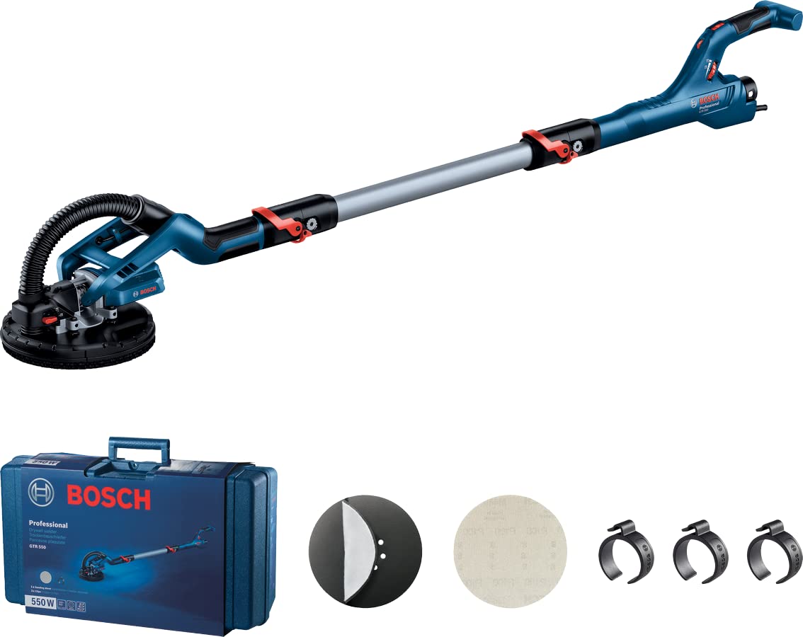 Bosch GTR 550 Drywall Sander, 550W, 215 mm, 910 rpm, UltraFlexible Head, Ceiling Suction, 4.8 kg + Carrying Case, 1 Soft pad Set, 1 Sanding Sheet, 3 Cable Clip, 1 Year Warranty