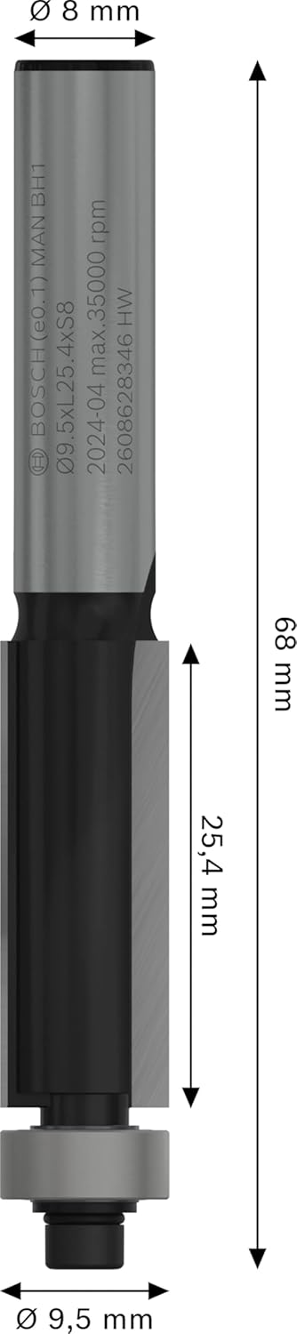 BOSCH PRO Router Bit Bottom Bearing Flush Trim | Ø9.5xL25.4xS8mm | Engineered for Professionals | Clean, Precise Cuts in Wood & Composites | Long-Lasting Carbide Blade | Universal Fit