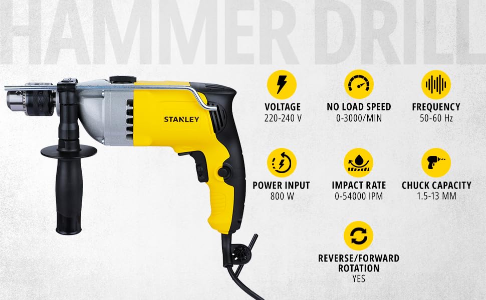 STANLEY STDH8013 800W 13mm Reversible Percussion Drill (Yellow and Black)