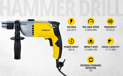 STANLEY STDH8013 800W 13mm Reversible Percussion Drill (Yellow and Black)