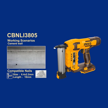 Ingco Cstli3805 Cordless Nailer for Concrete Cement Wood Metal St 18 mm in Case Only Body