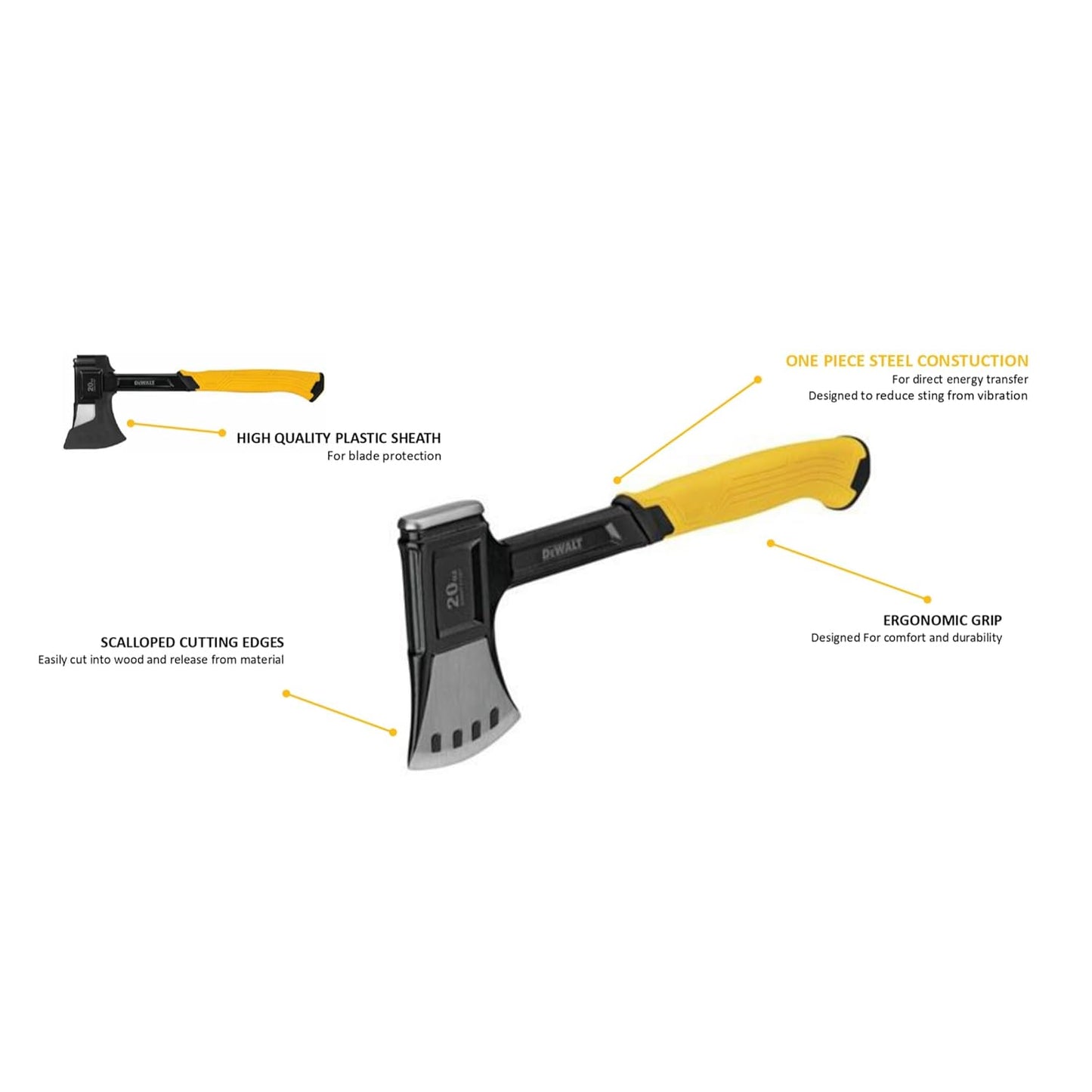 DEWALT DWHT51387-0 Steel Campers Axe with Extra-Wide Chisel Blade for Cleaner Cuts on Brick & Masonry, 567 grams, YELLOW & BLACK