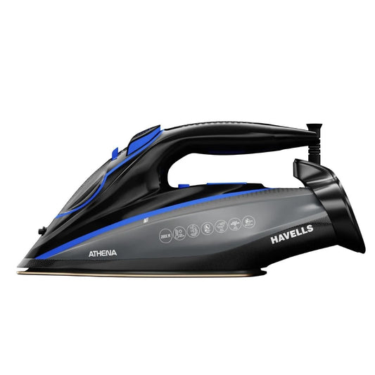 Havells Athena 3000 W Steam Iron with Smart i Sense Technology(No Fabric Burn), 2X Auto Shut Off, Vertical, Horizontal Ironing, Anti Drip, Self-Cleaning&Anti Scale Technology. (Black Blue), 3000 Watts
