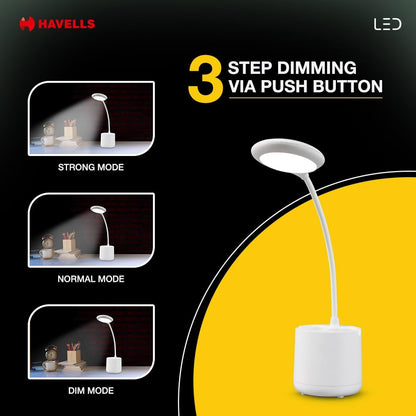 Havells Polycarbonate Moderna 5w LED Table Lamp |Rechargeable Desklight, 3 Dimming Modes with Brightness Control, White