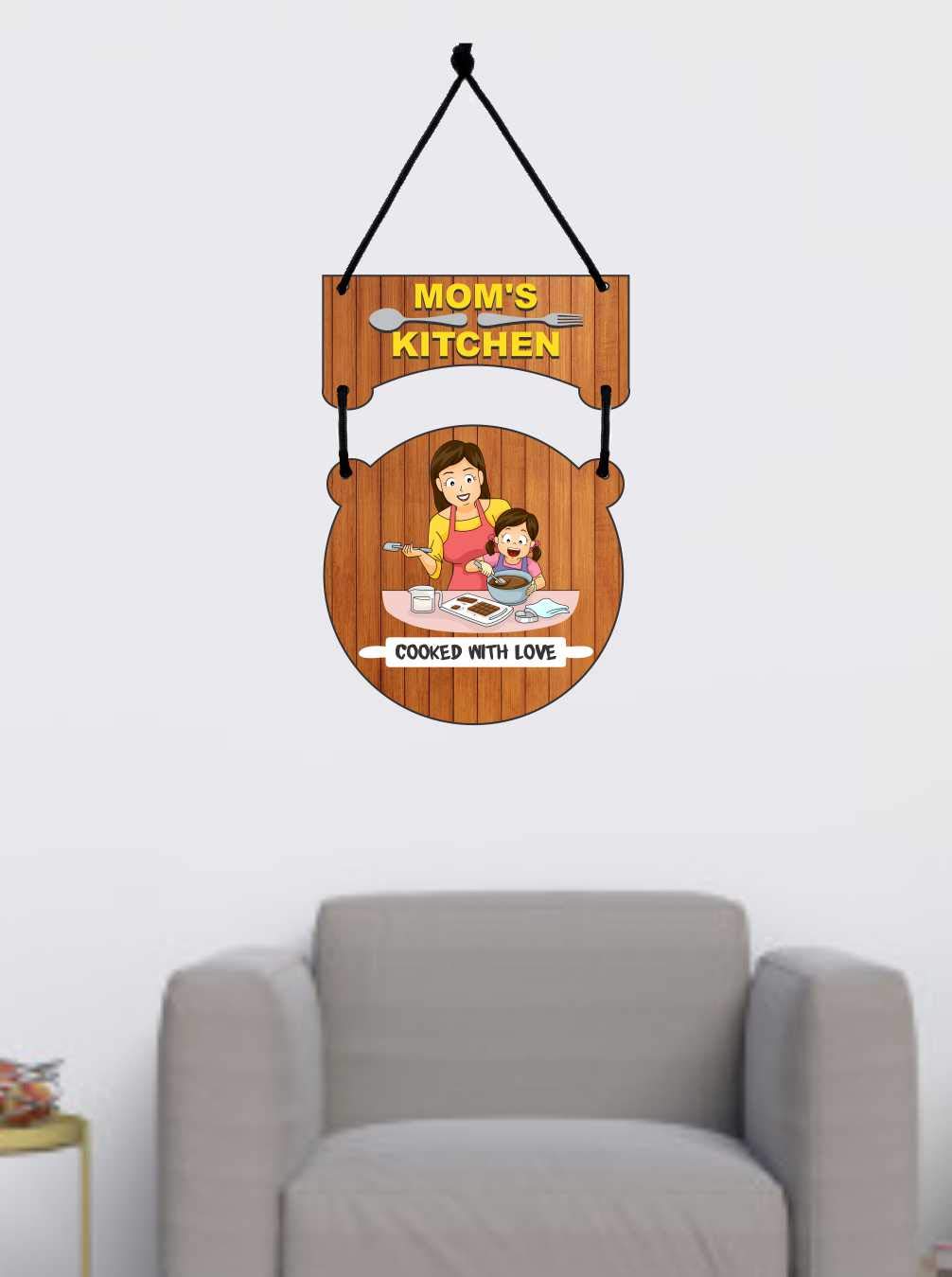 Udaipur Handicrafts Mom's Kitchen Printed Home Wall Door Sign Hanging Board Wooden (8.5inch x 11inch)