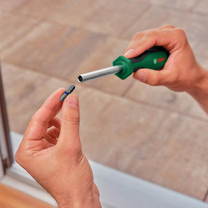 BOSCH Ratchet Screwdriver | Smooth Ratchet Mechanism for Continuous Rotation | 12 Interchangeable Bits in Magazine | Ergonomic Non-Slip Handle for Comfort | Quick Bit Storage for Easy Access