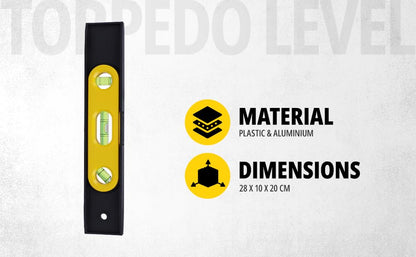 STANLEY STHT42264-812 Plastic Torpedo Level Magnetic-225mm/9'', High Impact ABS Plastic for Durability, 3 Vials, Ideal for Wood & Concrete Measurement, Yellow