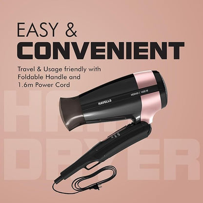 Havells 1200W Foldable Hair Dryer; 3 Heat Settings With Cool Shot (Hot/Cool/Warm),Heat Balance Technology|Cool Black|Your Perfect Blow Dry Companion For Effortless Hair Styling|Hd3161-1200 Watts