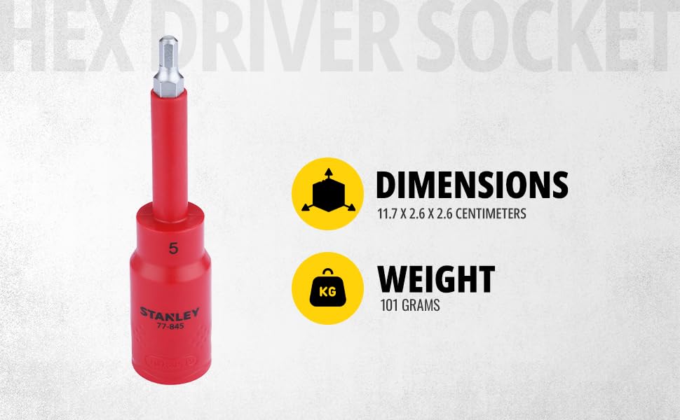 STANLEY STMT77845-23B 1/2" VDE Insulated Hex Driver Socket 5x120mm, Ideal For Repair Of Electric Vehicles, Red