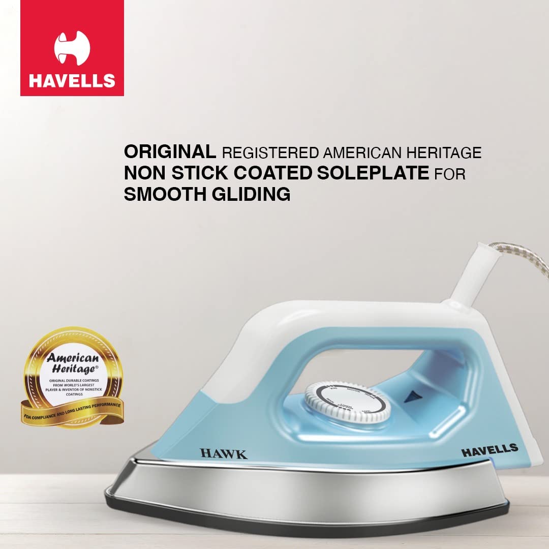 Havells Hawk 1100 watt Heavy Weight Dry Iron With American Heritage Non Stick Sole Plate, Aerodynamic Design, Easy Grip Temperature Knob & 2 years Warranty. (Blue & White)
