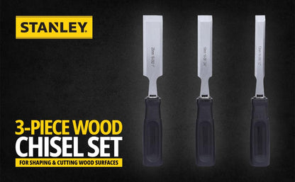 STANLEY 16-089 3-Piece Wood Chisel Set with Anti-Rust Properties for Shaping & Cutting Wood Surfaces - 1/2x7 3/4,3/4x7 3/4,1x7 3/4, GREY & BLACK (Made in Singapore)