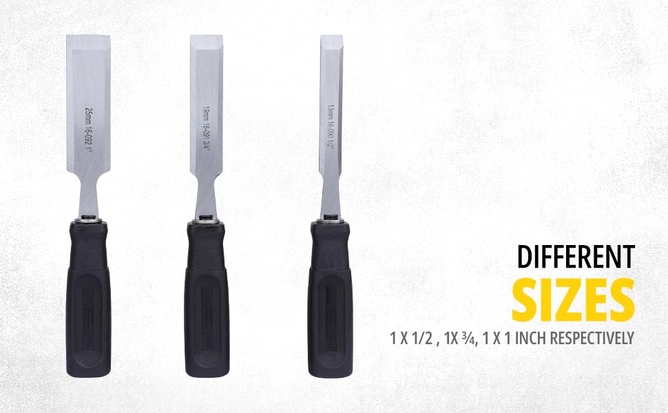 STANLEY 16-089 3-Piece Wood Chisel Set with Anti-Rust Properties for Shaping & Cutting Wood Surfaces - 1/2x7 3/4,3/4x7 3/4,1x7 3/4, GREY & BLACK (Made in Singapore)