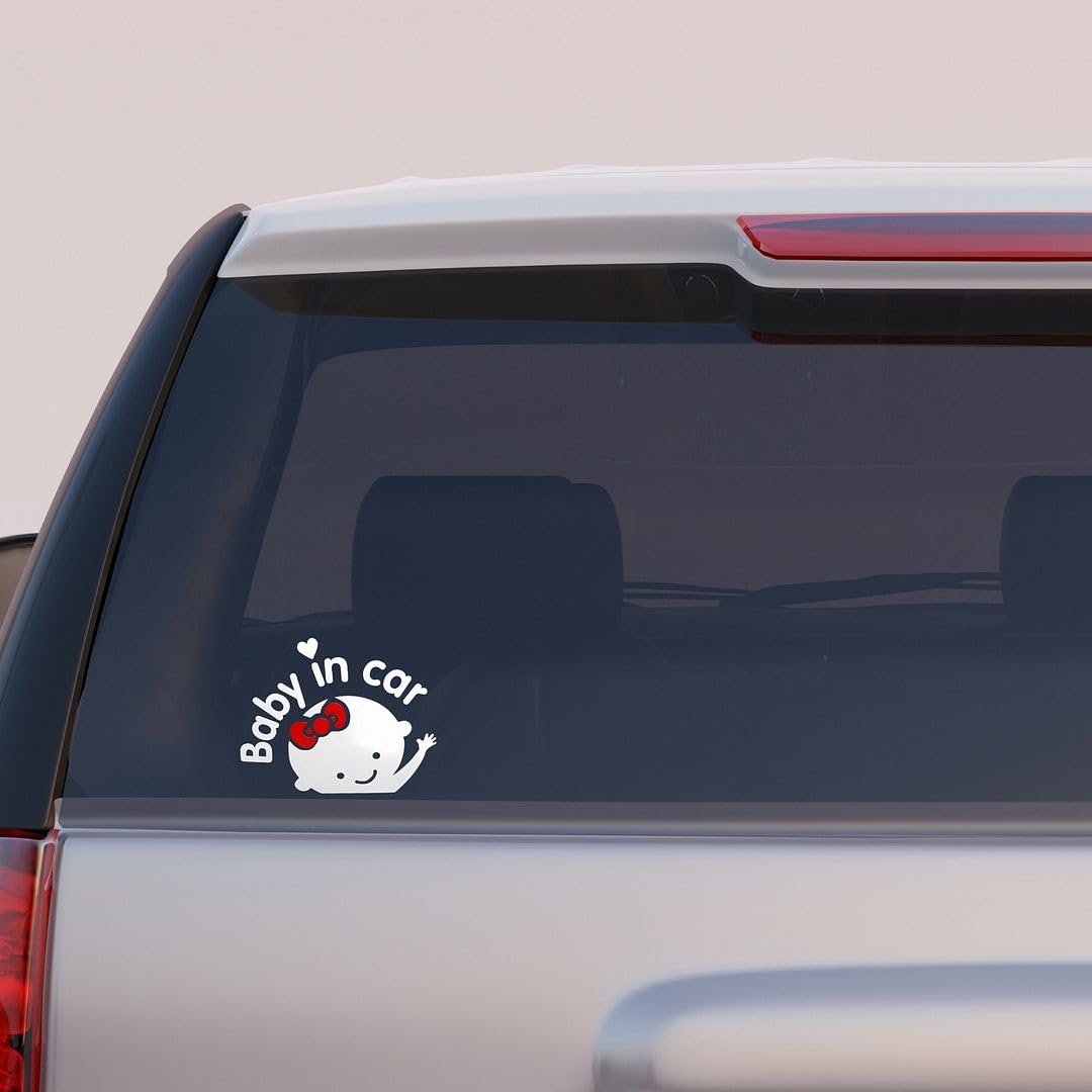 Akshar Arts Bhuwana Girl Baby in Car Sticker (Set of 2) White Vinyl Car Safety Warning Self-Adhesive Waterproof Stickers for Cars| Windows| Vehicle Surface (15.5cm X 11cm)