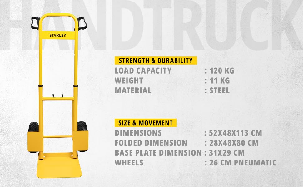 STANLEY SXWT-FT520 Steel Folding Handtruck,120kg Load Capacity,Ergonomic Handle with Knuckle Protection,10" Large Pneumatic Wheels,Foldable Base Plate,Open Dimn: 52x48x113 cm,Folded Dimn: 28x48x80 cm